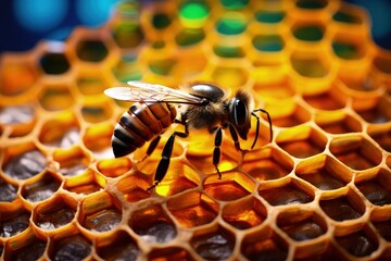 Bee illustration on honeycombs. Generative AI