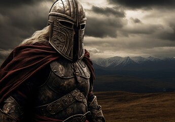 Viking warrior with scary look, digital illustration. Generative AI - obrazy, fototapety, plakaty