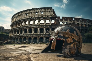 Gladiator helmet on the ground, coliseum in the background, history and fantasy concept. Generative AI