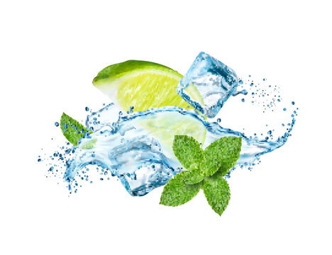 Water splash with lime, ice cubes and mint leaves. Mojito drink swirl, wave or flow with realistic drops and splatters. Vector cold cocktail of lemon fruit juice, soda beverage, ice and peppermint