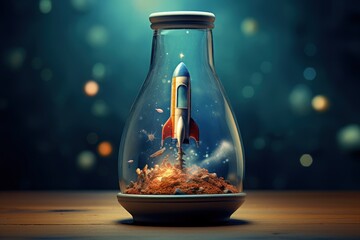 Rocket taking off inside a glass container. Generative AI