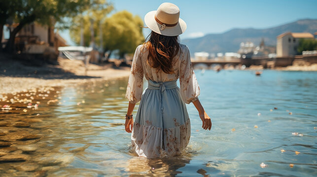 A cute lady walking to a river side backward the camera wearing a hat and frock with long sleeves 