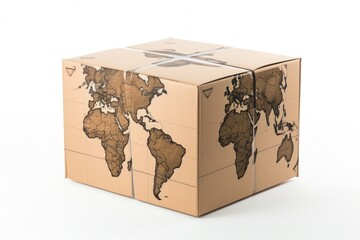 Digital illustration of cardboard box and map, white background, logistics and deliveries concept. Generative AI