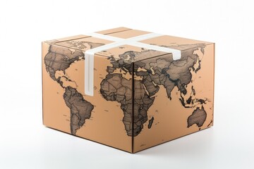 Digital illustration of cardboard box and map, white background, logistics and deliveries concept. Generative AI
