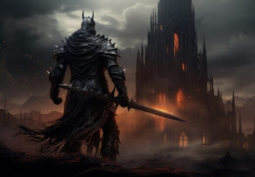 Landscape with dark knight with sword in hand, gloomy castle in the background. Generative AI