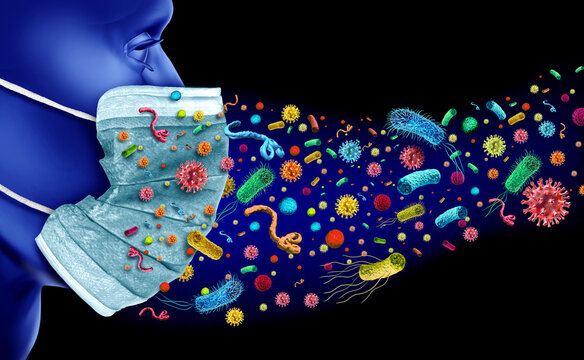 Face Mask Prevention and respiratory Protection and to help prevent Disease concept with infectious pathogens spreading with germ virus and airborne bacteria
