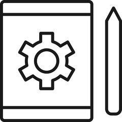 Gear or Cogwheel on Tablet Isolated Line Icon. Perfect for web sites, apps, UI, internet, shops, stores. Simple image drawn with black thin line