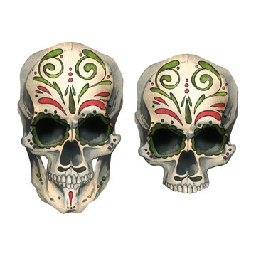 Human skulls front view with colored ornaments. Hand drawn watercolor illustration for Halloween, day of the dead, Dia de los muertos. Set of isolated objects on a white background.
