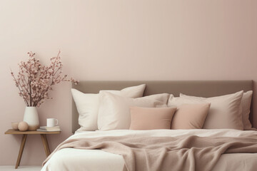 Fototapeta na wymiar Cozy bedroom setup with pillows and an upholstered headboard. Fall minimalist simple composition. AI generated