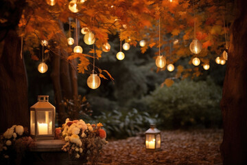 Lanterns hanging from tree branches, illuminating the garden with a warm glow. Autumn garden. Generative AI