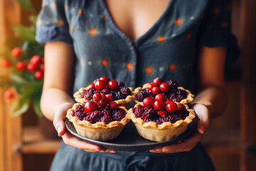 A freshly baked berry pie in the hands of a woman. Generative AI