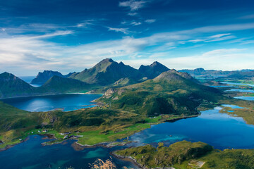 Beautiful landscape of the Lofoten Islands at sunset from Offersoykammen trail,  Norway