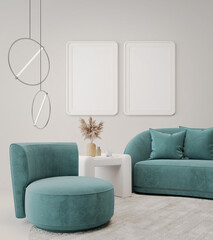 Blank picture frame mock up in modern living room with blue sofa and armchair on white background.3d rendering