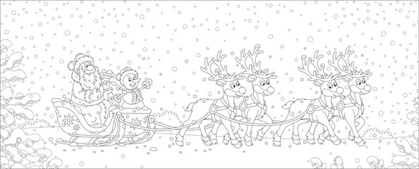 Santa Claus with a funny toy snowman and a large bag of Christmas gifts riding in their magic sleigh with reindeers through a snowy winter forest, black and white vector cartoon illustration