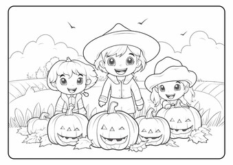 Coloring book page for children kids with scarecrow cartoon vector illustration printable autumn fall pumpkin Thanksgiving haystack leaves trees harvest acorn cornucopia season