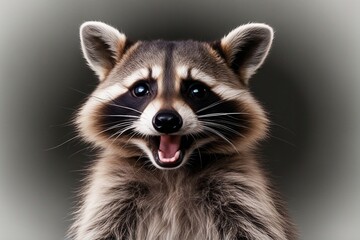 Portrait of a funny surprised raccoon close-up. A cute raccoon in jump isolated on a gray background