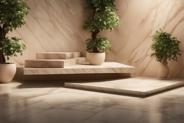 Beige marble platforms with shadows from tree foliage on the wall. Background for presentation