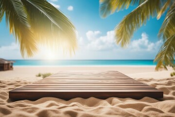Summer panoramic landscape, nature of tropical beach with a wooden platform, sunlight. Golden sand beach