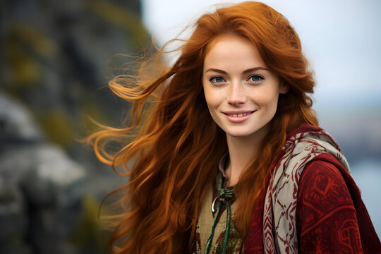 A Cheerful Irish Beauty Young Woman with Brown Eyes and Red Hair, Celtic Attire, Backdrop of the Cliffs of Moher with Ultra-Fine Details