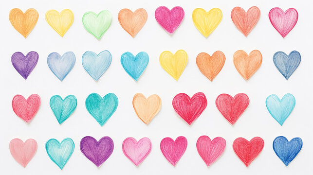 Color hearts set, illustration. Collection of colorful hearts on white background in pencil drawing, for design. Concept valentine's day, Love symbol.