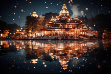 Illuminated Diwali temple at night. Spiritual ambiance. Architectural beauty.
