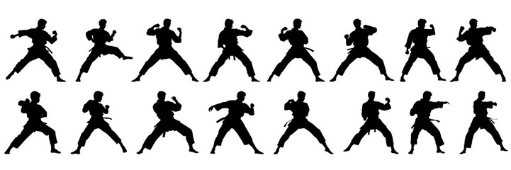 Kung fu karate taekwondo silhouettes set, large pack of vector silhouette design, isolated white background