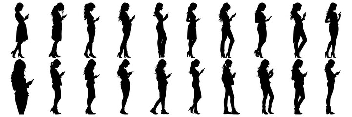 Woman with mobile phone silhouettes set, large pack of vector silhouette design, isolated white background