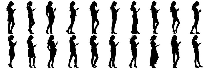 Woman with mobile phone silhouettes set, large pack of vector silhouette design, isolated white background