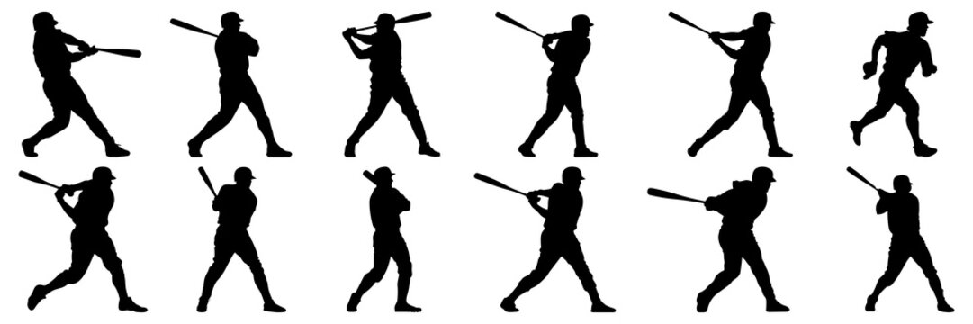 Baseball silhouettes set, large pack of vector silhouette design, isolated white background