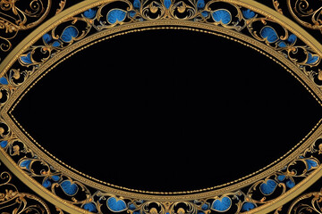 Obraz premium A blue and gold background with a border with gold and turquoise beads, Generative AI