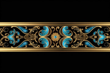 A blue and gold background with a border with gold and turquoise beads, Generative AI