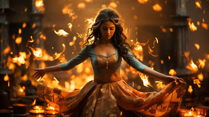 Graceful Indian dancer in traditional attire, bathed in diya's glow.
