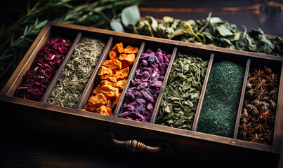 Herbs in a wooden box on the table.