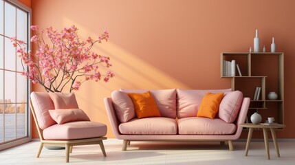 Stylish monochrome interior of modern cozy living room in pastel orange and pink tones. Trendy couch and armchair, coffee table, exotic tree, bookcase. Creative home design. Mockup, 3D rendering.