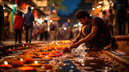 Vibrant Diwali marketplace at night. Diya and flowers adorns streets. Celebrate tradition. 