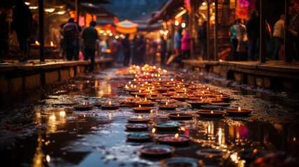 Capturing the spirit of Diwali with lively market scenes and lights.
