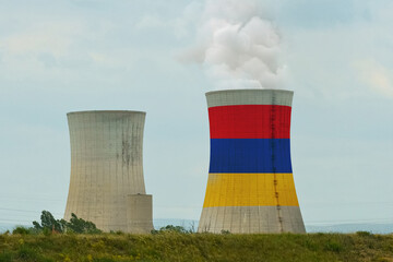 The flag of Armenia is depicted on the cooling tower of the nuclear power plant