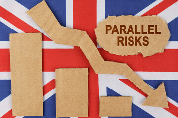 On the flag of Great Britain lie a chart, a down arrow and a sign that says - parallel risks