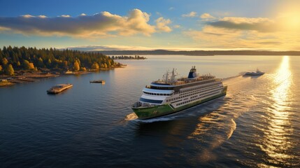 Fototapeta premium ferries transporting passengers and vehicles across scenic waterways. of marine transport for use in tourism and transportation marketing materials.