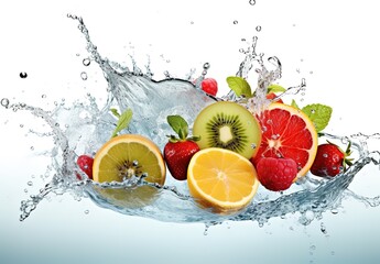Fruit in water splash isolated, Red, yellow and green abstract Fruit splashing in clear water