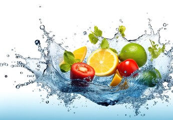 Fruit in water splash isolated, Red, yellow and green abstract Fruit splashing in clear water