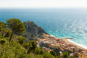 Beautiful view of Varigotti town and the Ligurian Sea from Sentiero del Pellegrino,  Italy