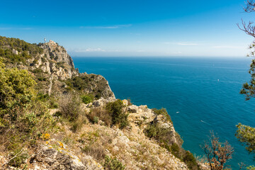 Beautiful aerial view of Saraceni Bay beach from Sentiero del Pellegrino, Liguria,  Italy
