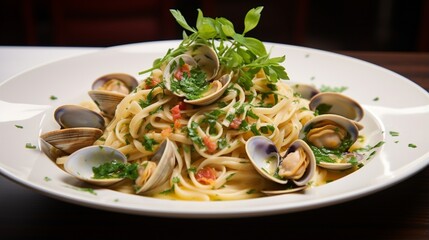 A bowl of rich, steaming clam linguini, garnished with fresh herbs