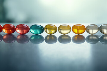 Multicolored Pharmaceutical Pills, Tablets, Capsules Spilled on Table, Generative AI