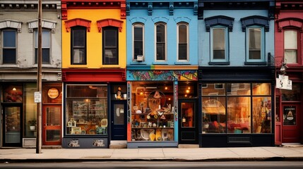 A bustling urban street corner with vibrant storefronts, each adorned with unique window displays - obrazy, fototapety, plakaty