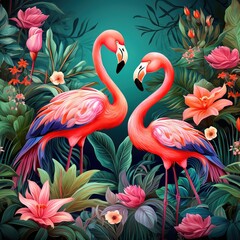 Pink flamingo in the water with Tropical decoration 