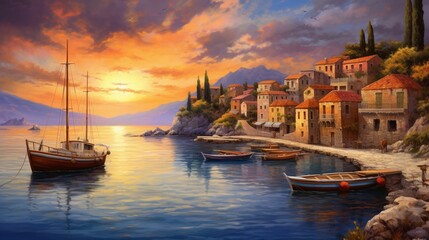 a charming coastal village in the midst of a vibrant sunrise, with fishing boats, golden skies, and the promise of a new day by the sea