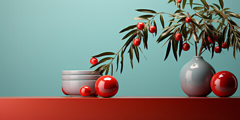 Wunderschöne Knospen am Zweig in eleganter Vase auf roten Sideboard Querformat für Banner, ai generativ