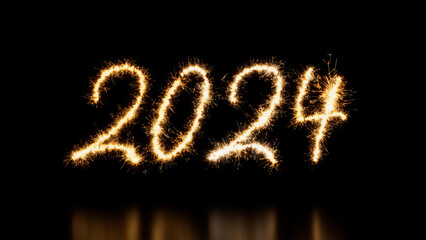 Gold Sparkler Firework Text with 2024 Caption on Black. New Year Banner.